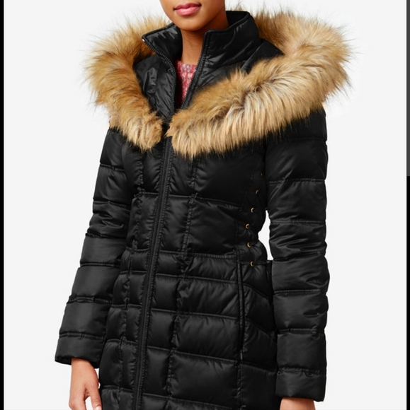 Betsey Johnson Black Faux Fur Trim Hood Lace Up Puffer Coat Jacket. - Picture 5 of 16